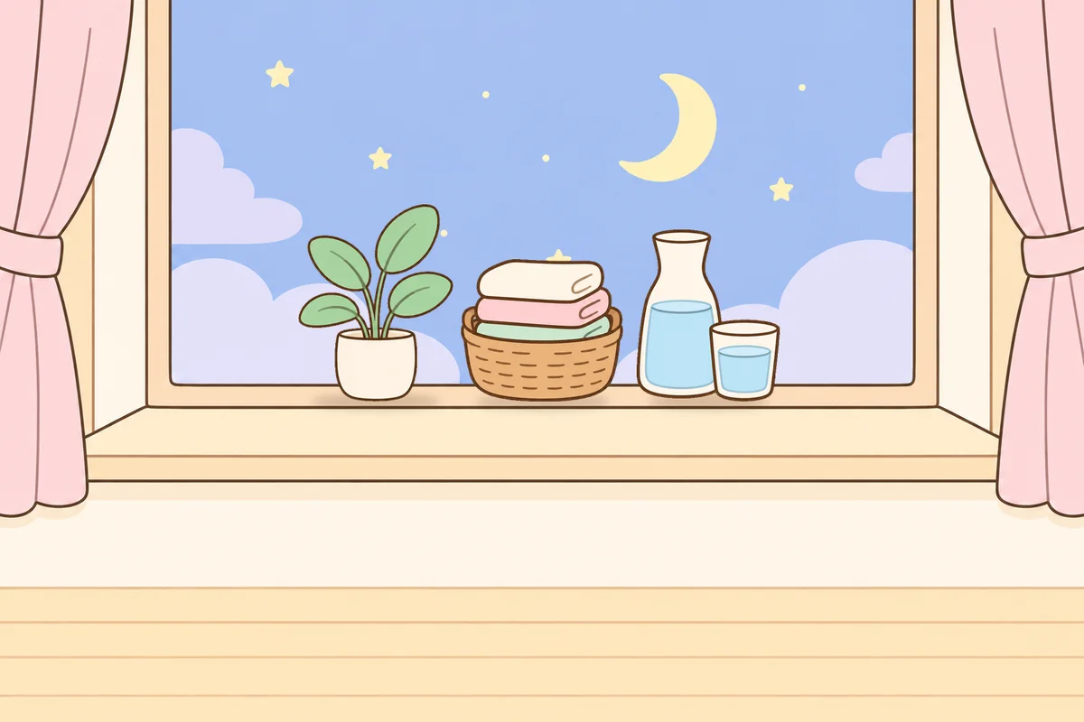 안산 여성전용 경락마사지 후기 안내 그림, 밤 창가 창턱 위의 화분, 수건 바구니, 물병