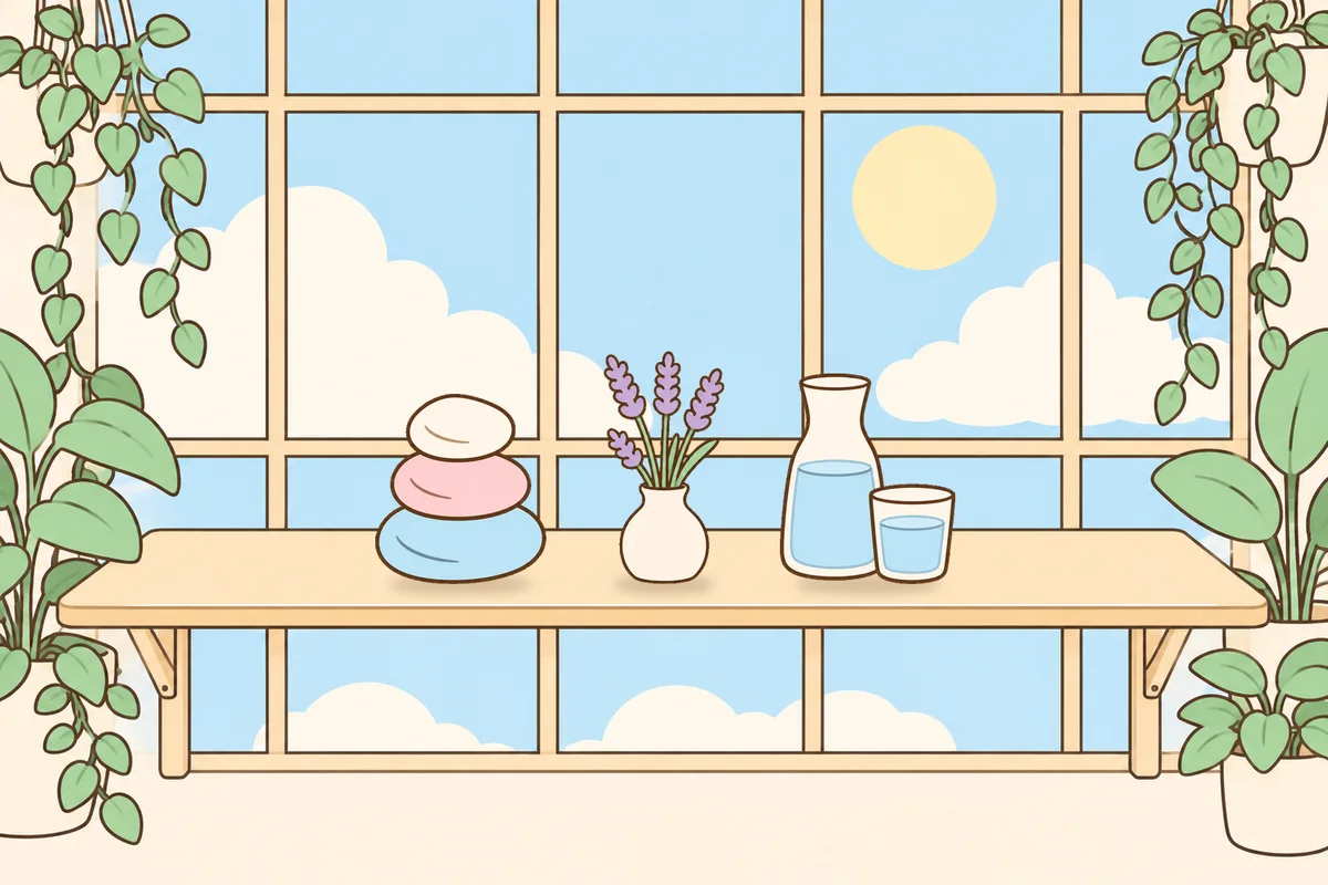 안산 여성전용 홈케어 서비스 안내 그림, 햇살 드는 창가 선반 위의 조약돌, 라벤더 꽃병, 물병