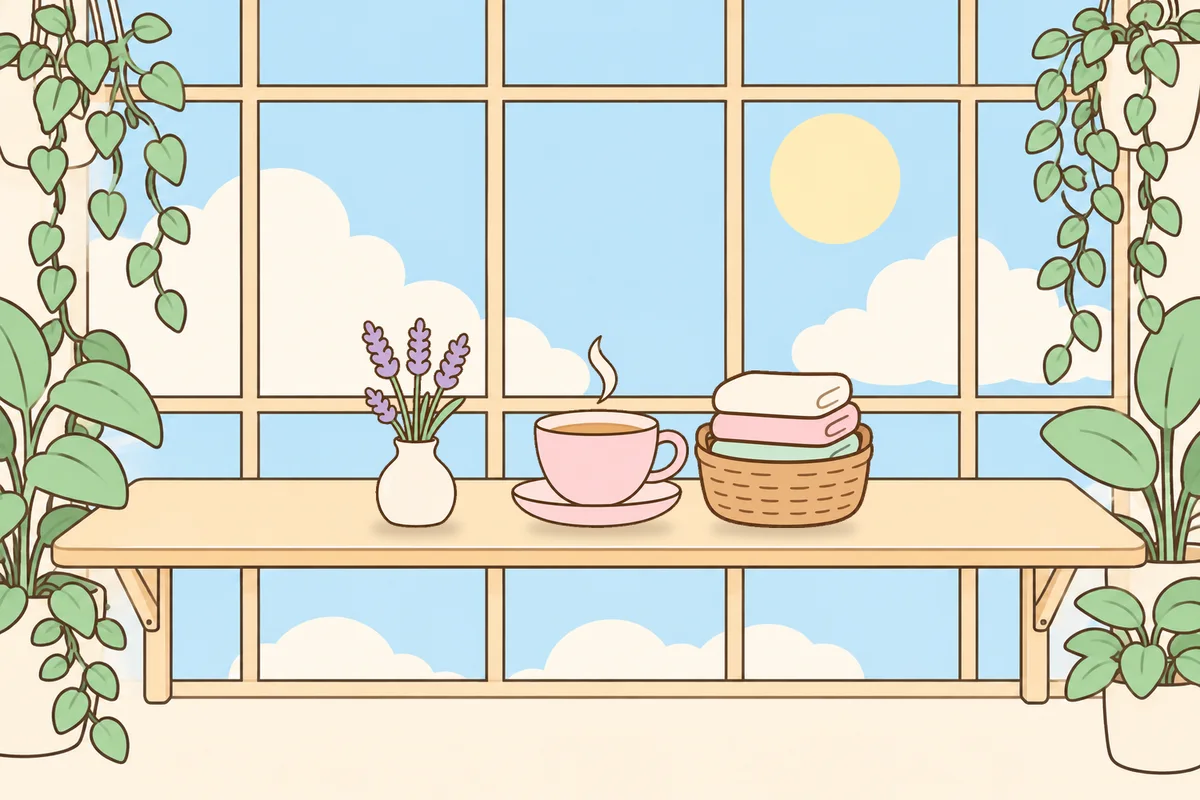안산 여성전용 복부 마사지 안내 그림, 햇살 드는 창가 선반 위의 라벤더 꽃병, 찻잔, 수건 바구니