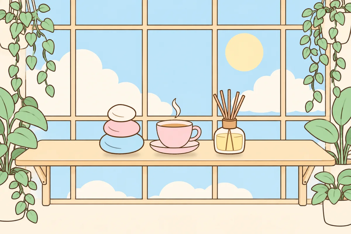 안산 여성전용 종아리 케어 안내 그림, 햇살 드는 창가 선반 위의 조약돌, 찻잔, 디퓨저
