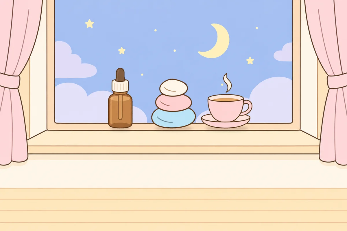 안산 여성전용 두피 마사지 안내 그림, 밤 창가 창턱 위의 오일병, 조약돌, 찻잔