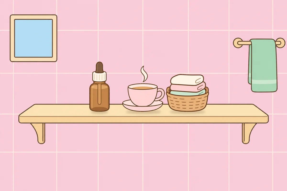 안산 여성전용 두통 완화 마사지 안내 그림, 파우더룸 선반 위의 오일병, 찻잔, 수건 바구니