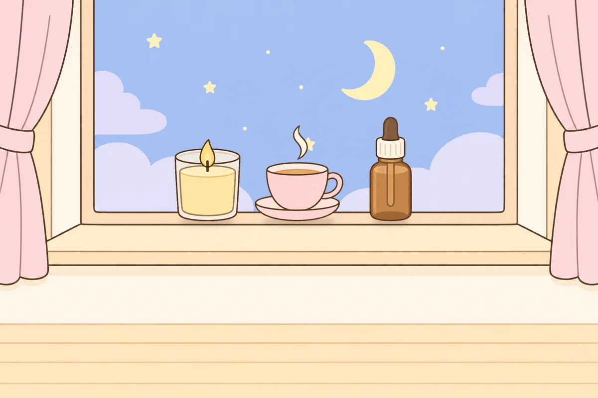 안산 여성전용 피로 회복 마사지 안내 그림, 밤 창가 창턱 위의 향초, 찻잔, 오일병