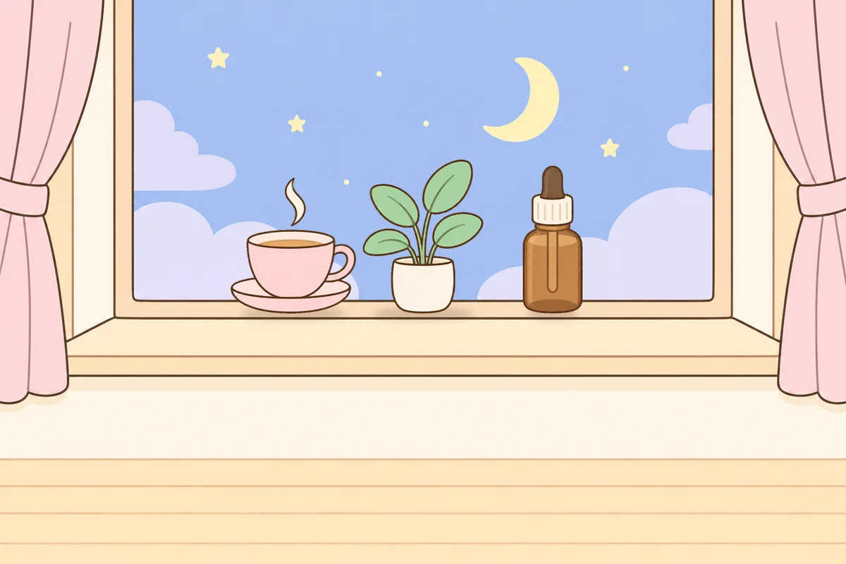 안산 여성전용 림프 페이셜 안내 그림, 밤 창가 창턱 위의 찻잔, 화분, 오일병