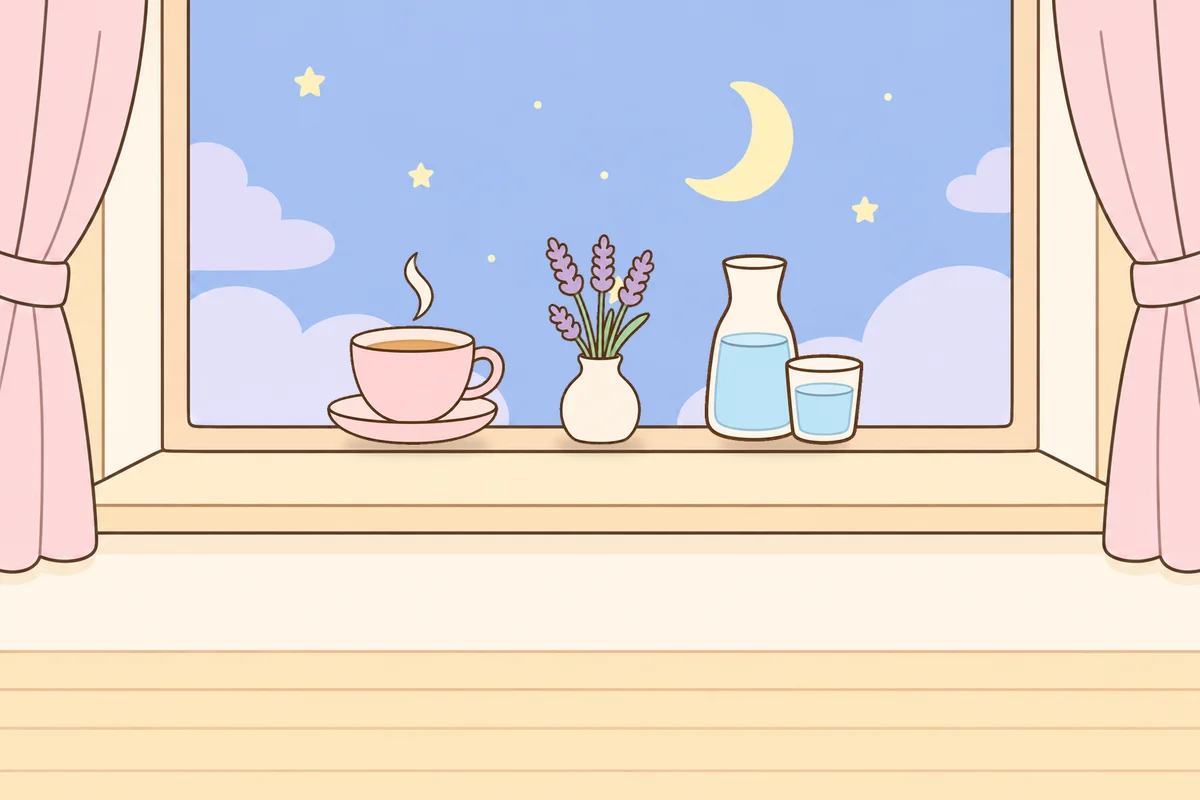 안산 여성전용 마사지샵 안내 그림, 밤 창가 창턱 위의 찻잔, 라벤더 꽃병, 물병