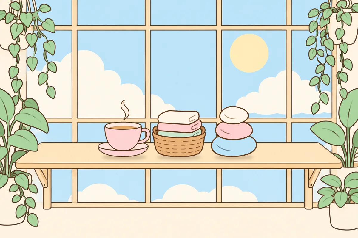 안산 여성전용 마사지 후기 안내 그림, 햇살 드는 창가 선반 위의 찻잔, 수건 바구니, 조약돌