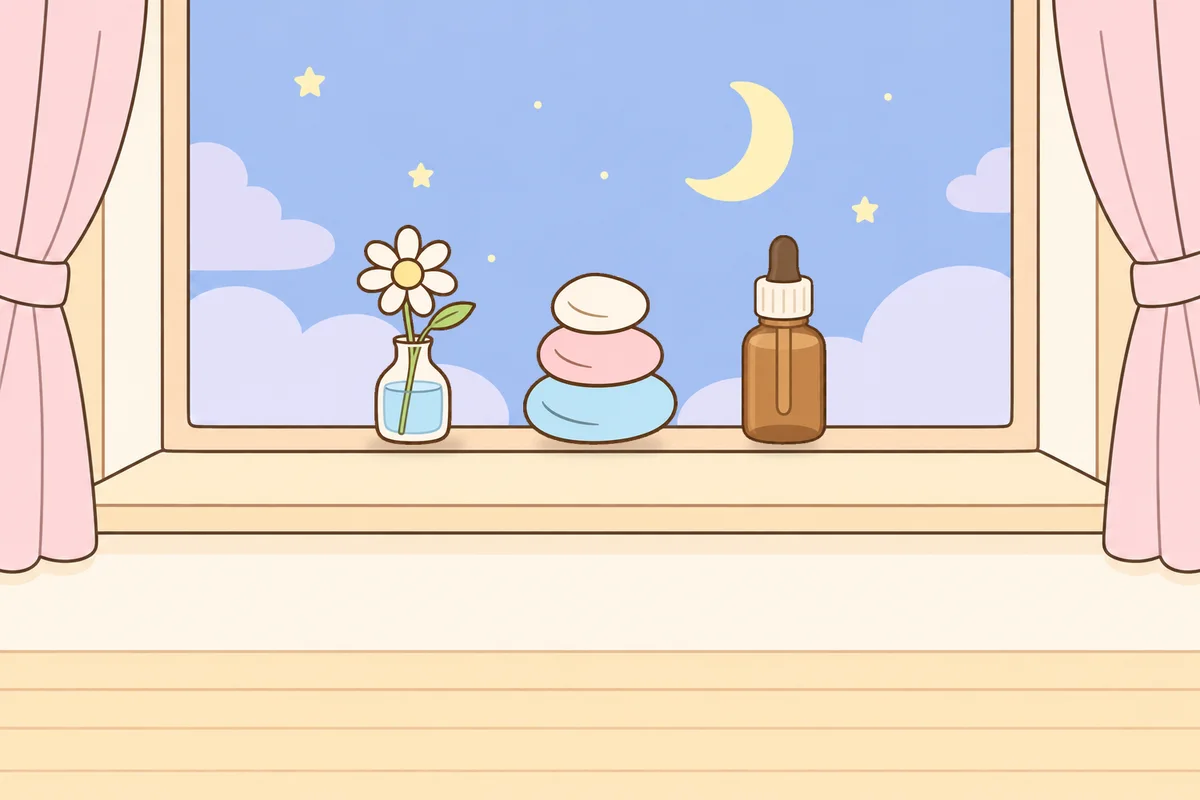 안산 여성전용 마사지 추천 안내 그림, 밤 창가 창턱 위의 데이지 꽃병, 조약돌, 오일병