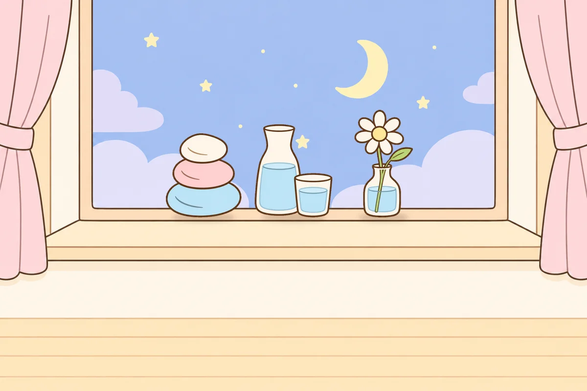 안양 여성전용 라벤더 아로마 안내 그림, 밤 창가 창턱 위의 조약돌, 물병, 데이지 꽃병
