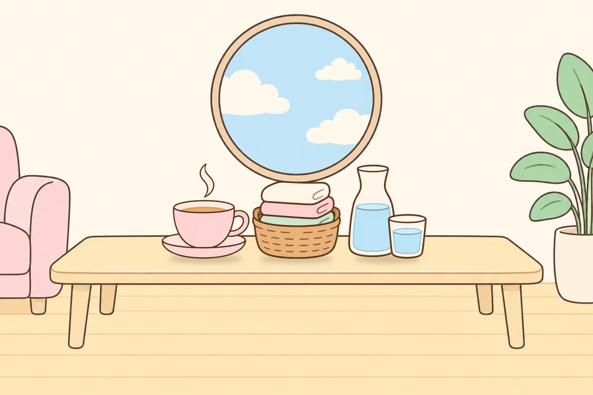 안양 여성전용 아로마 추천 안내 그림, 거실 원목 테이블 위의 찻잔, 수건 바구니, 물병