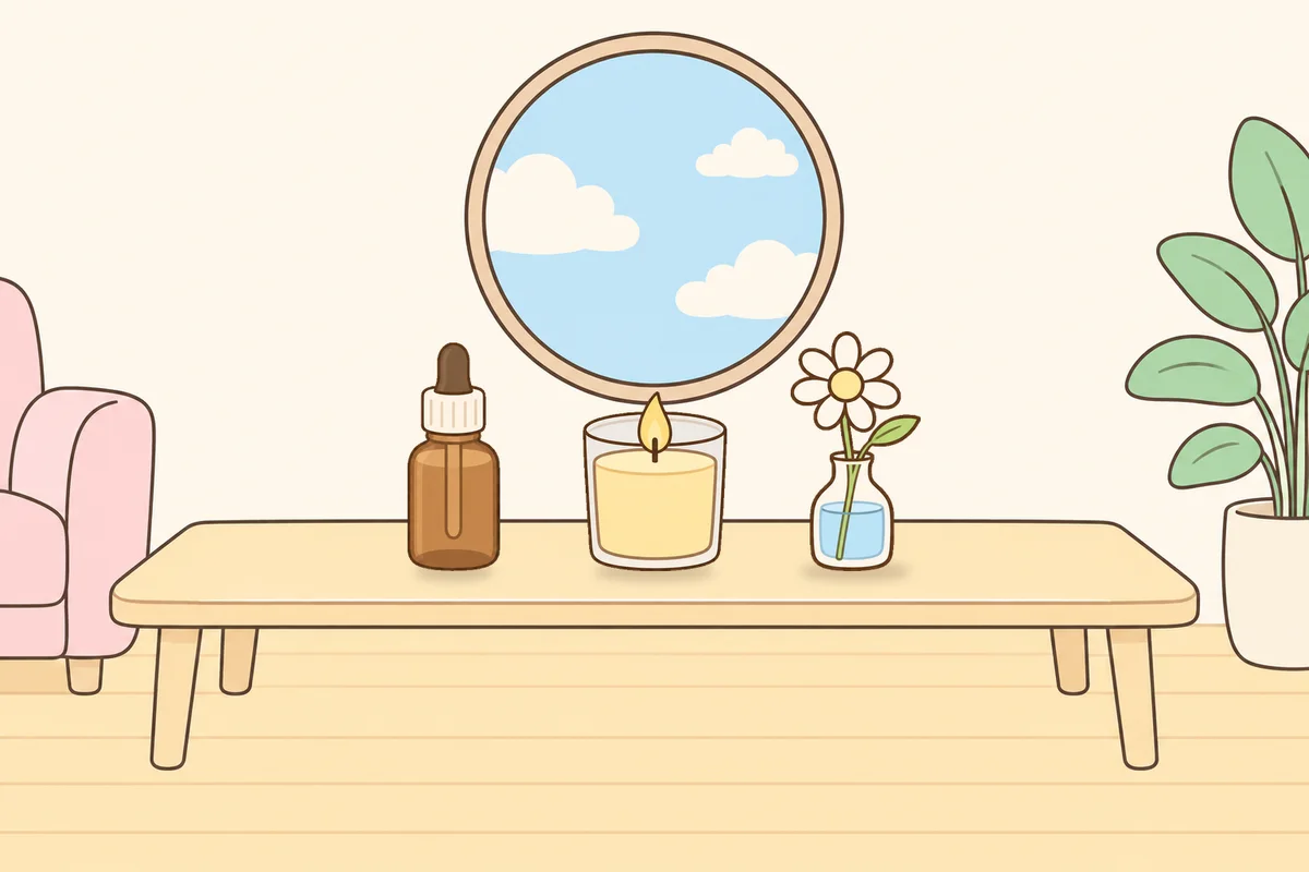 안양 여성전용 얼굴 경락 안내 그림, 거실 원목 테이블 위의 오일병, 향초, 데이지 꽃병