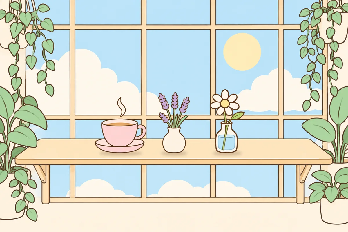 안양 여성전용 경락마사지 후기 안내 그림, 햇살 드는 창가 선반 위의 찻잔, 라벤더 꽃병, 데이지 꽃병