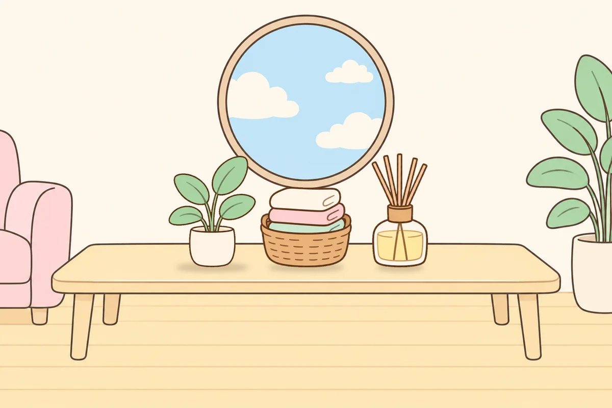 안양 여성전용 방문 마사지 안내 그림, 거실 원목 테이블 위의 화분, 수건 바구니, 디퓨저