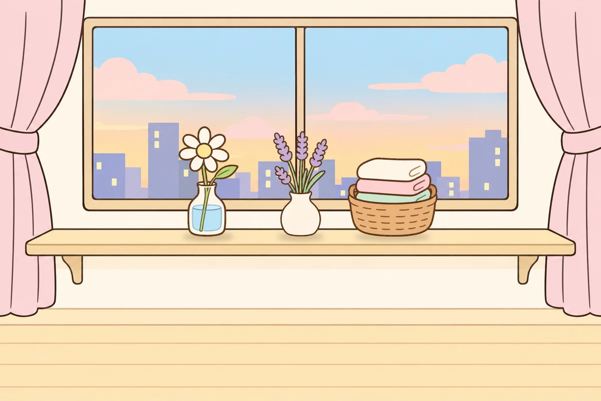 안양 여성전용 홈케어 후기 안내 그림, 호텔 창가 선반 위의 데이지 꽃병, 라벤더 꽃병, 수건 바구니