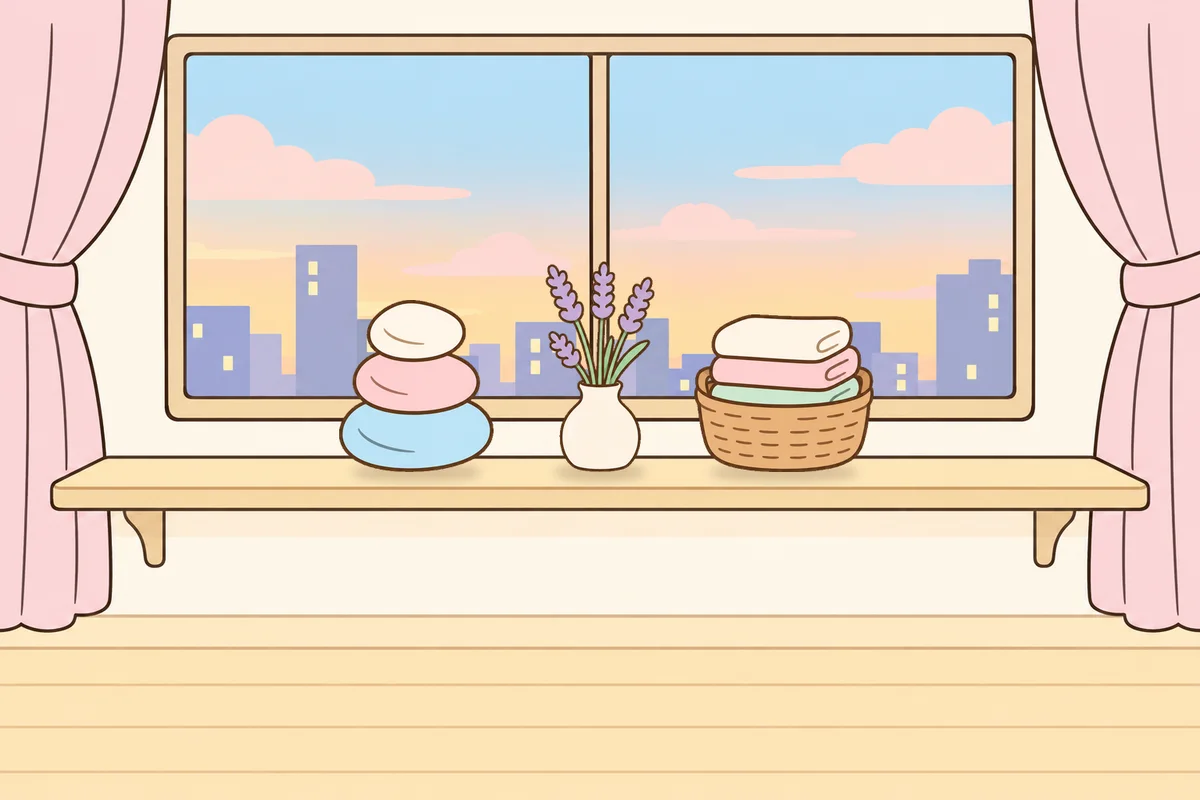 안양 여성전용 발관리 추천 안내 그림, 호텔 창가 선반 위의 조약돌, 라벤더 꽃병, 수건 바구니