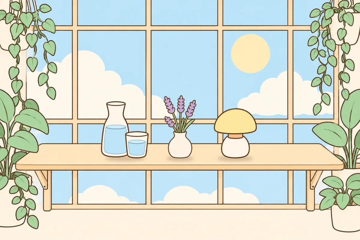 안양 여성전용 부종 케어 안내 그림, 햇살 드는 창가 선반 위의 물병, 라벤더 꽃병, 무드등