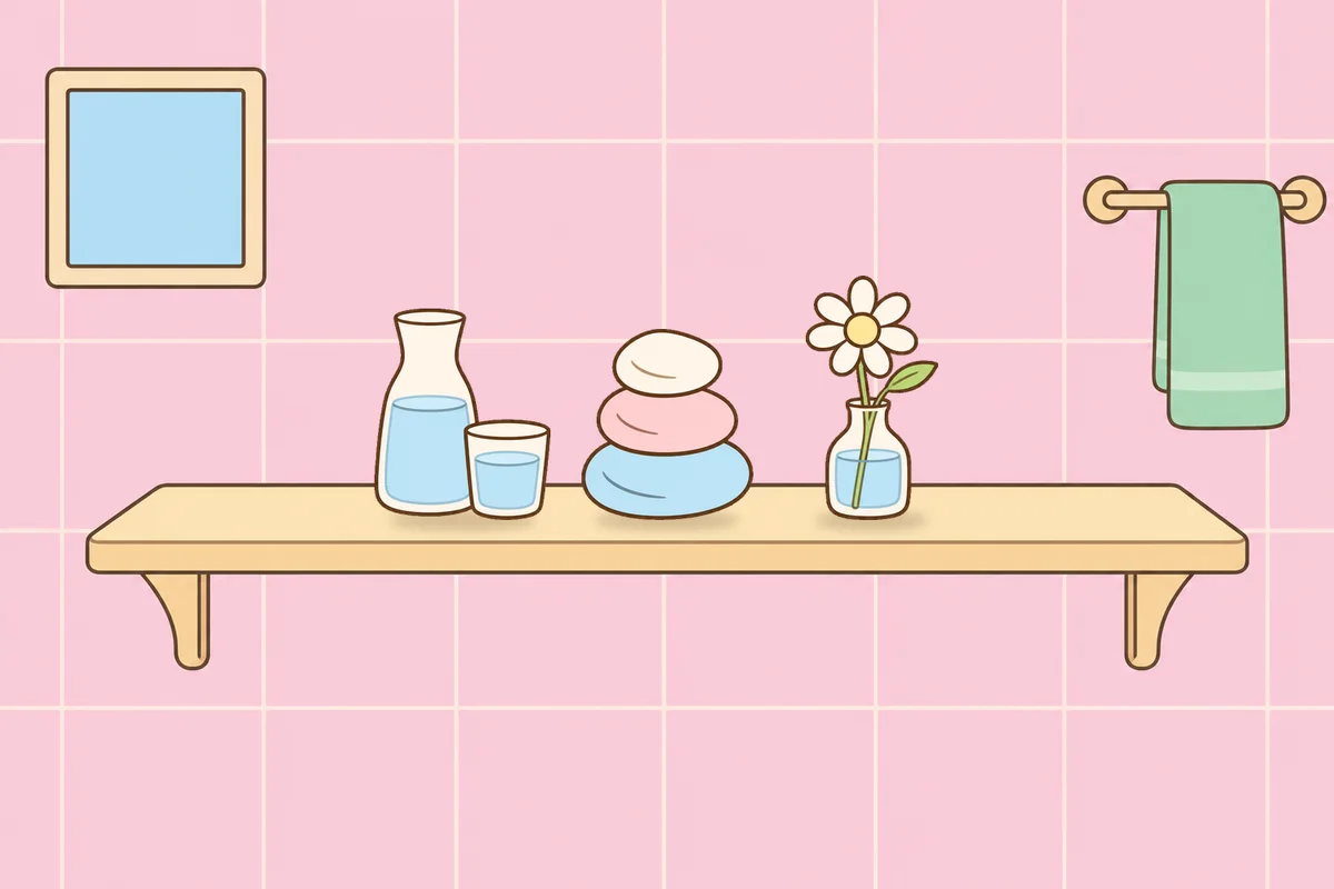 안양 여성전용 디톡스 마사지 안내 그림, 파우더룸 선반 위의 물병, 조약돌, 데이지 꽃병