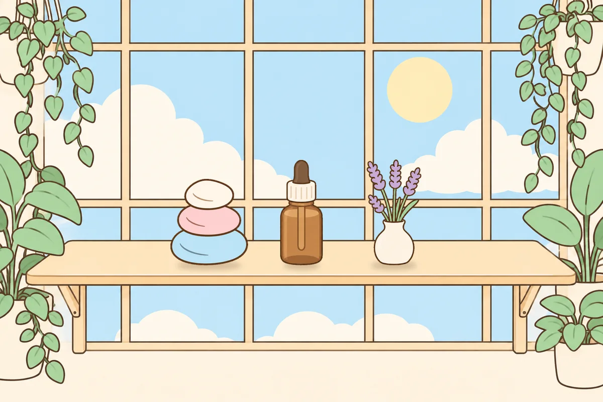 안양 여성전용 종아리 케어 안내 그림, 햇살 드는 창가 선반 위의 조약돌, 오일병, 라벤더 꽃병