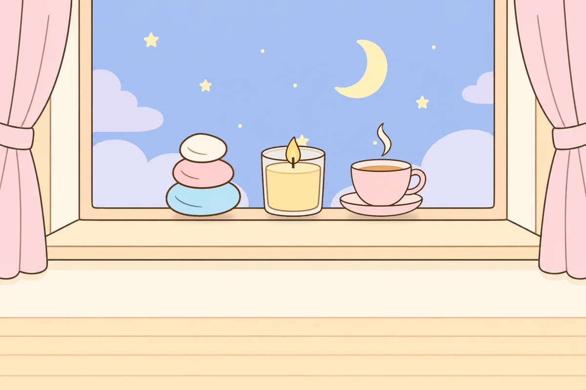 안양 여성전용 등 마사지 안내 그림, 밤 창가 창턱 위의 조약돌, 향초, 찻잔