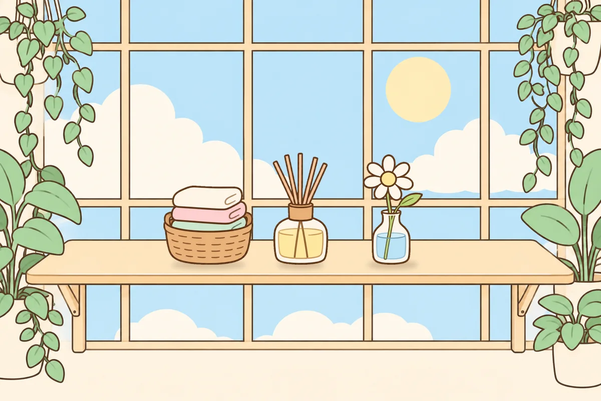 안양 여성전용 두피 마사지 안내 그림, 햇살 드는 창가 선반 위의 수건 바구니, 디퓨저, 데이지 꽃병