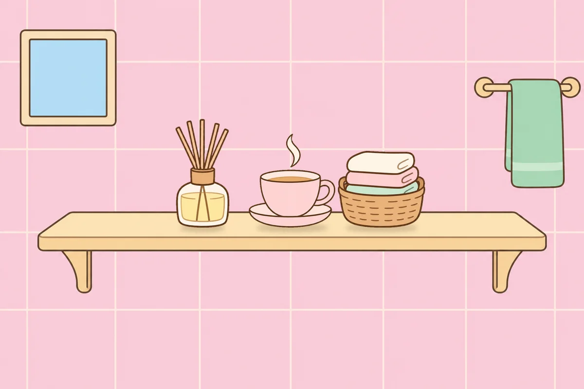 안양 여성전용 목 어깨 케어 안내 그림, 파우더룸 선반 위의 디퓨저, 찻잔, 수건 바구니