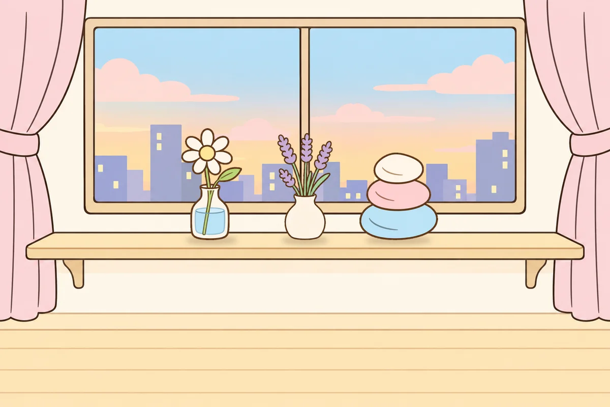 안양 여성전용 페이셜 마사지 안내 그림, 호텔 창가 선반 위의 데이지 꽃병, 라벤더 꽃병, 조약돌