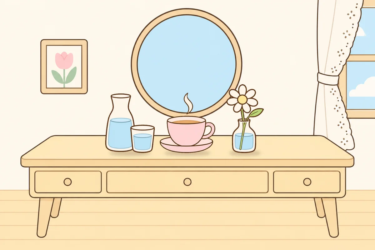 안양 여성전용 얼굴 마사지 안내 그림, 화장대 위의 물병, 찻잔, 데이지 꽃병