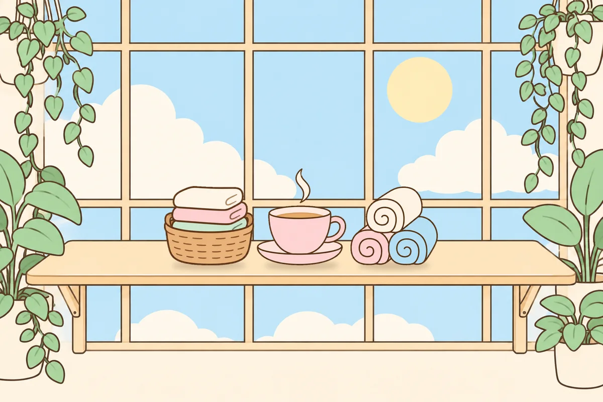 안양 여성전용 마사지샵 안내 그림, 햇살 드는 창가 선반 위의 수건 바구니, 찻잔, 수건