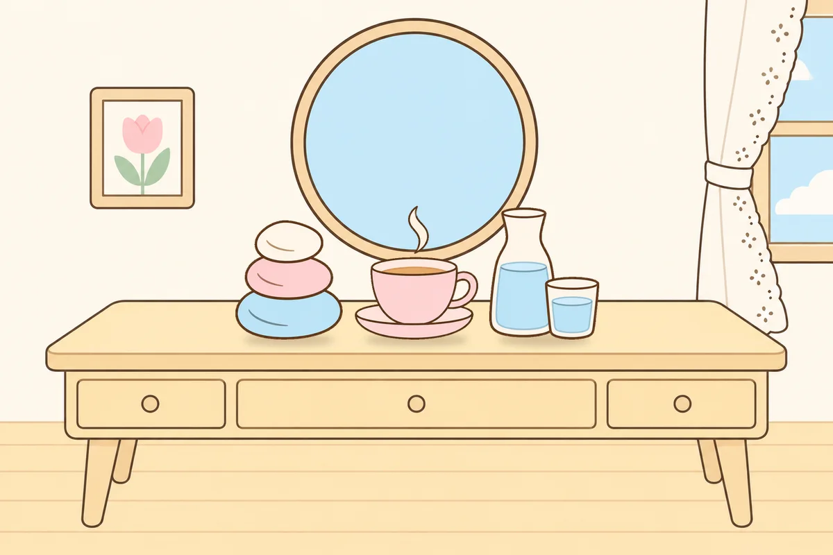 안양 여성전용 마사지 예약 안내 그림, 화장대 위의 조약돌, 찻잔, 물병