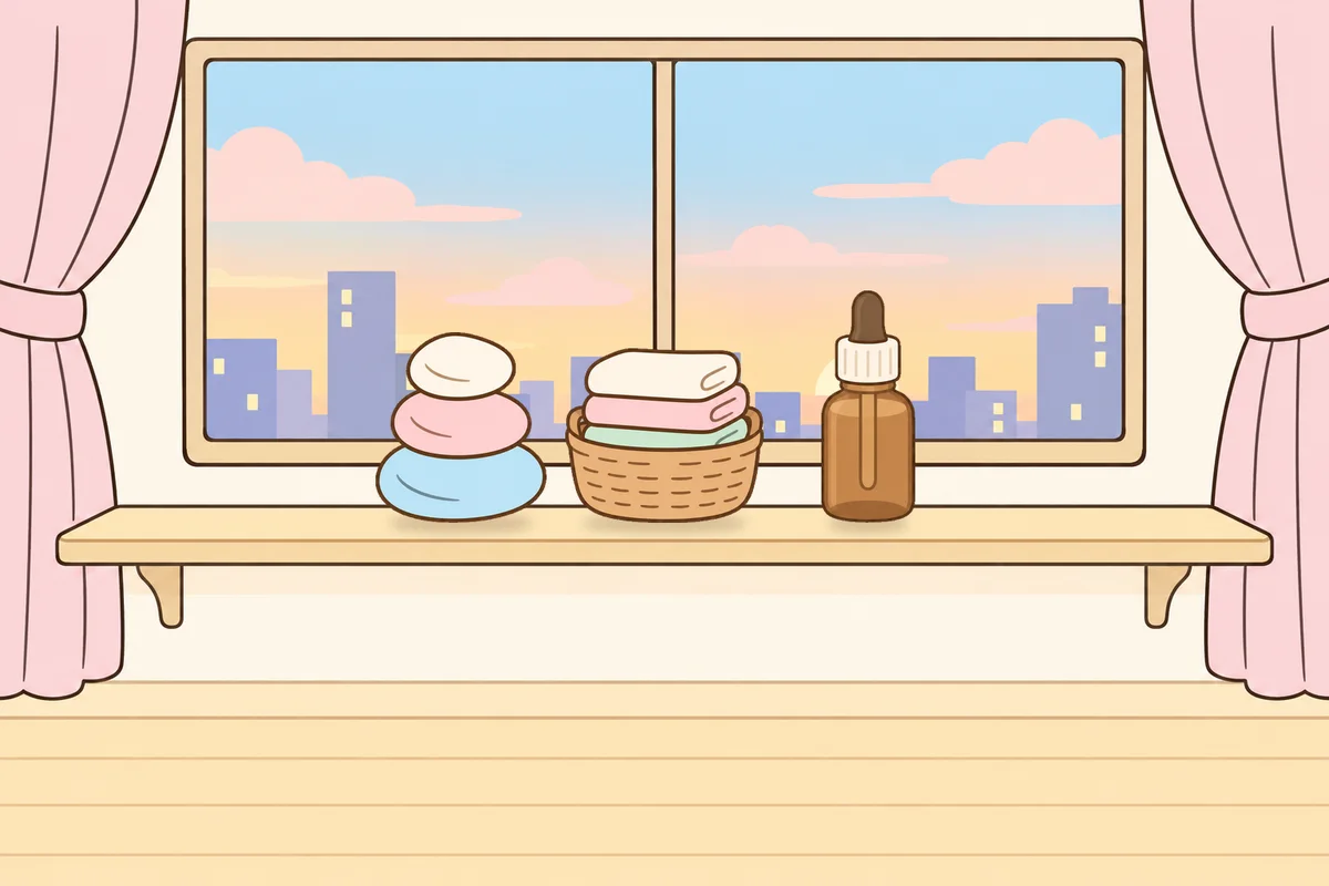 안양 여성전용 마사지 추천 안내 그림, 호텔 창가 선반 위의 조약돌, 수건 바구니, 오일병