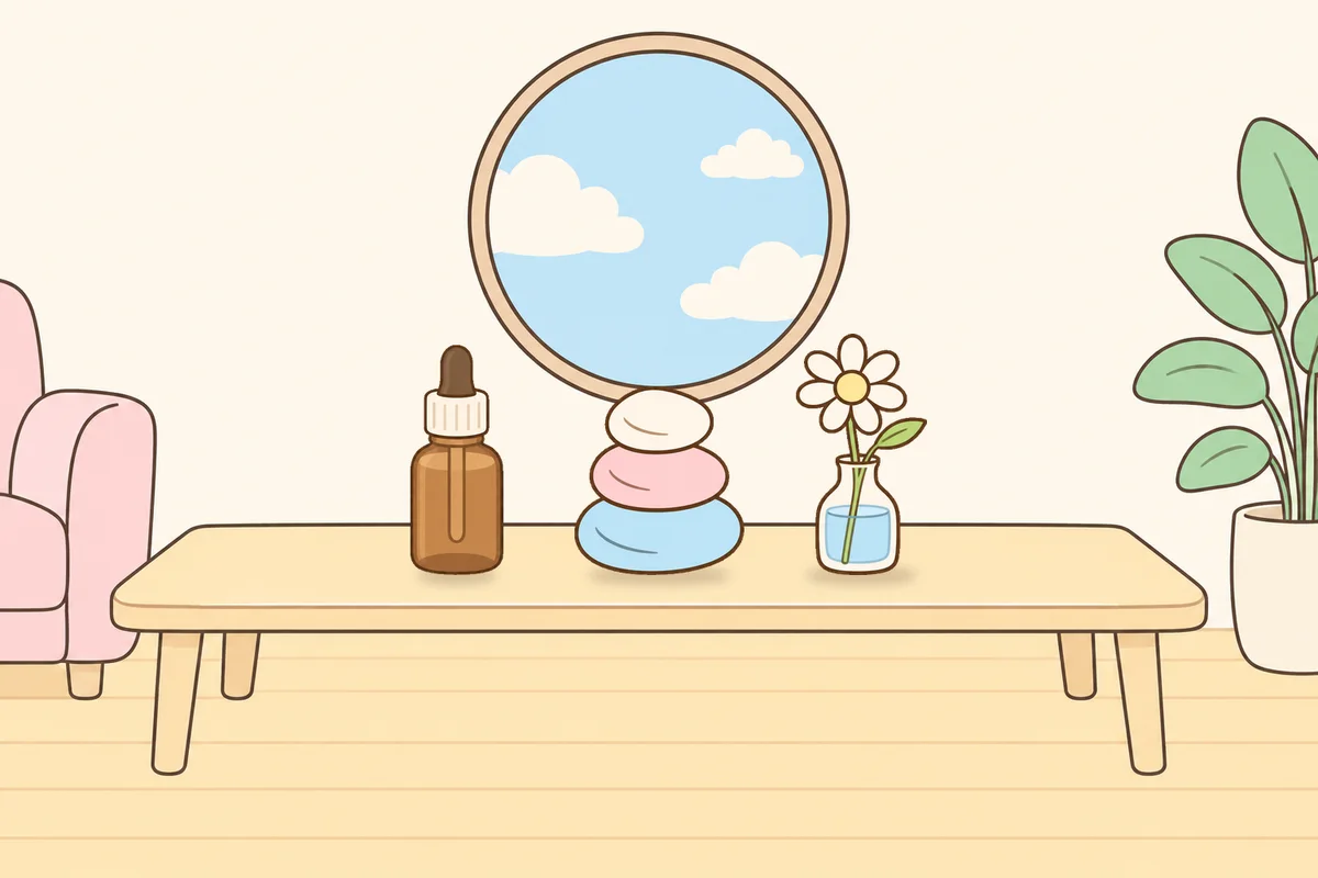 남양주 여성전용 스웨디시 마사지 안내 그림, 거실 원목 테이블 위의 오일병, 조약돌, 데이지 꽃병