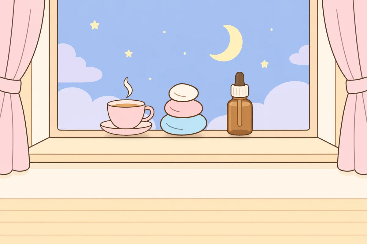 남양주 여성전용 프리미엄 스웨디시 안내 그림, 밤 창가 창턱 위의 찻잔, 조약돌, 오일병