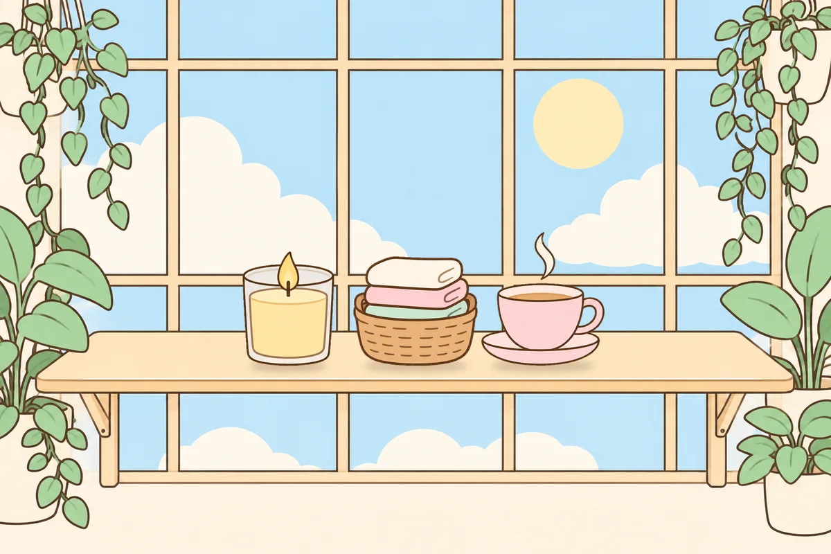 남양주 여성전용 아로마 추천 안내 그림, 햇살 드는 창가 선반 위의 향초, 수건 바구니, 찻잔