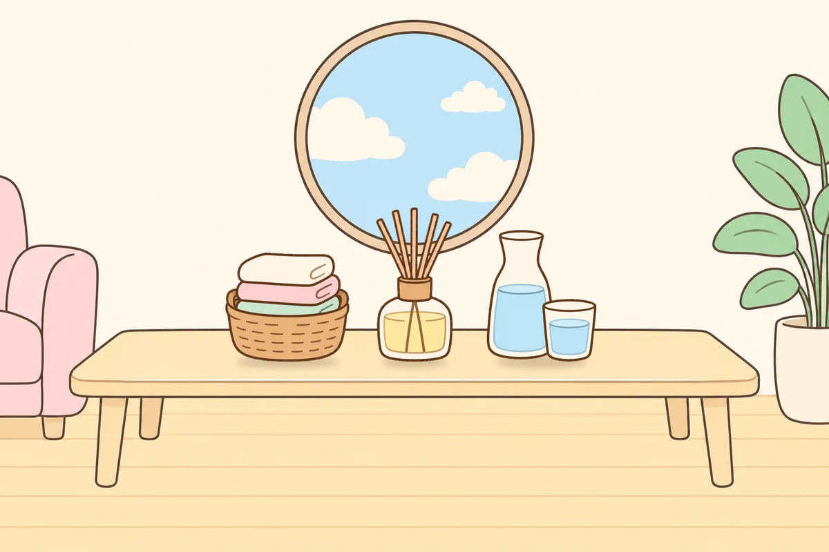 남양주 여성전용 경락 케어 안내 그림, 거실 원목 테이블 위의 수건 바구니, 디퓨저, 물병