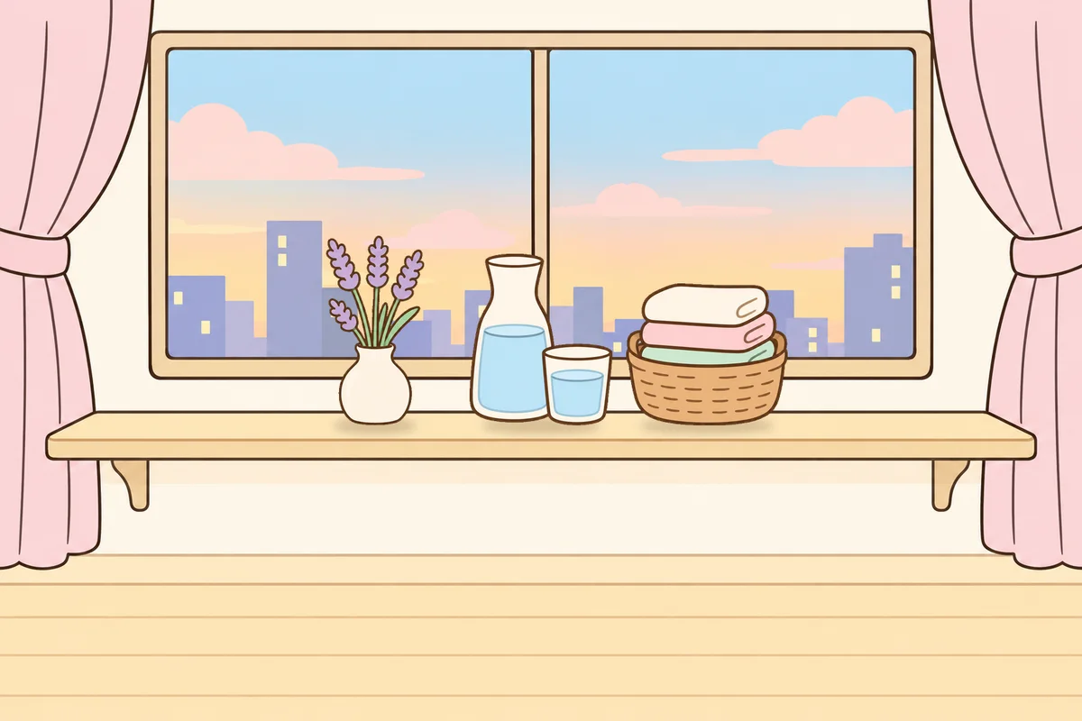 남양주 여성전용 홈케어 후기 안내 그림, 호텔 창가 선반 위의 라벤더 꽃병, 물병, 수건 바구니