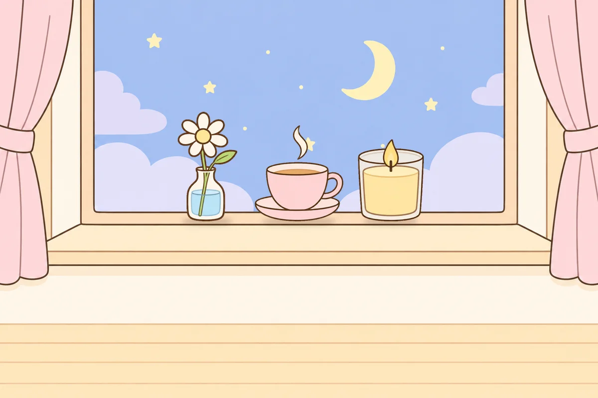 남양주 여성전용 발관리 추천 안내 그림, 밤 창가 창턱 위의 데이지 꽃병, 찻잔, 향초
