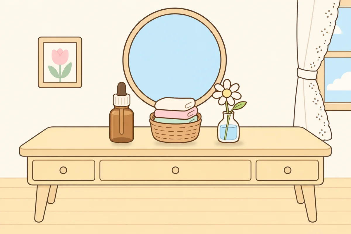 남양주 여성전용 바디 케어 안내 그림, 화장대 위의 오일병, 수건 바구니, 데이지 꽃병