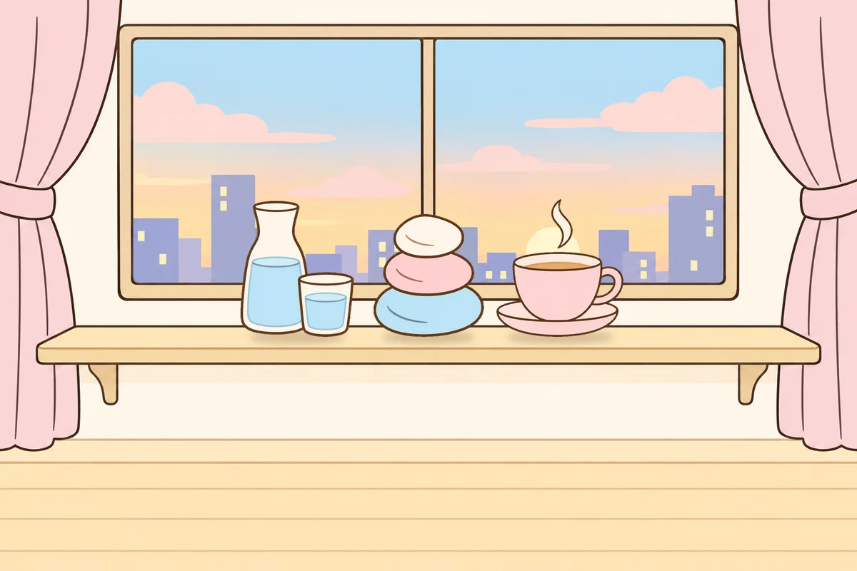 남양주 여성전용 슬리밍 마사지 안내 그림, 호텔 창가 선반 위의 물병, 조약돌, 찻잔