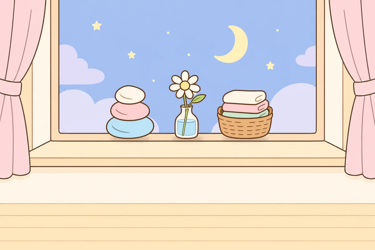 남양주 여성전용 두통 완화 마사지 안내 그림, 밤 창가 창턱 위의 조약돌, 데이지 꽃병, 수건 바구니