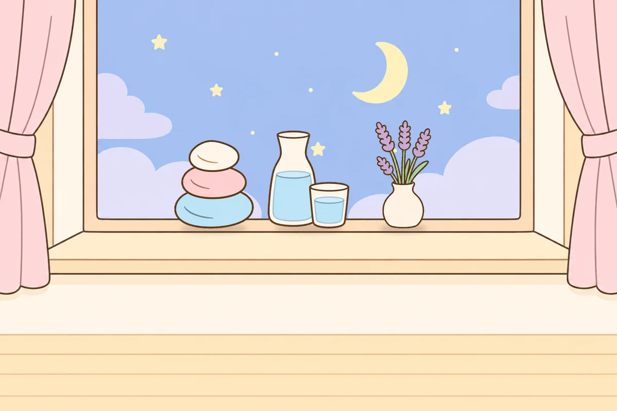 남양주 여성전용 수면 케어 안내 그림, 밤 창가 창턱 위의 조약돌, 물병, 라벤더 꽃병