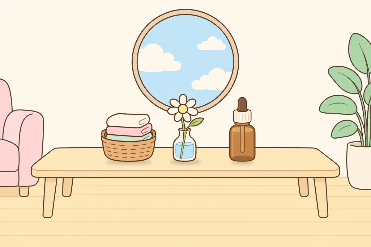 남양주 여성전용 피부 관리 안내 그림, 거실 원목 테이블 위의 수건 바구니, 데이지 꽃병, 오일병