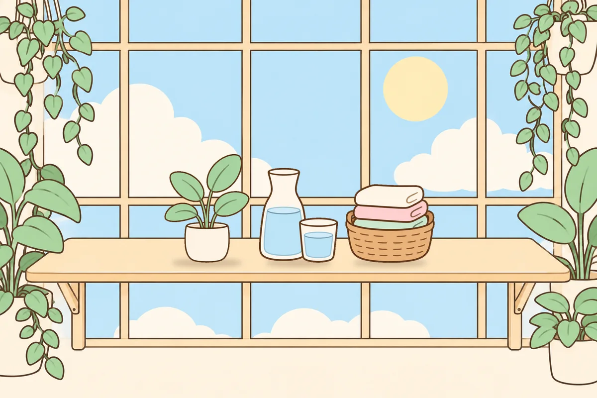 남양주 여성전용 마사지 예약 안내 그림, 햇살 드는 창가 선반 위의 화분, 물병, 수건 바구니
