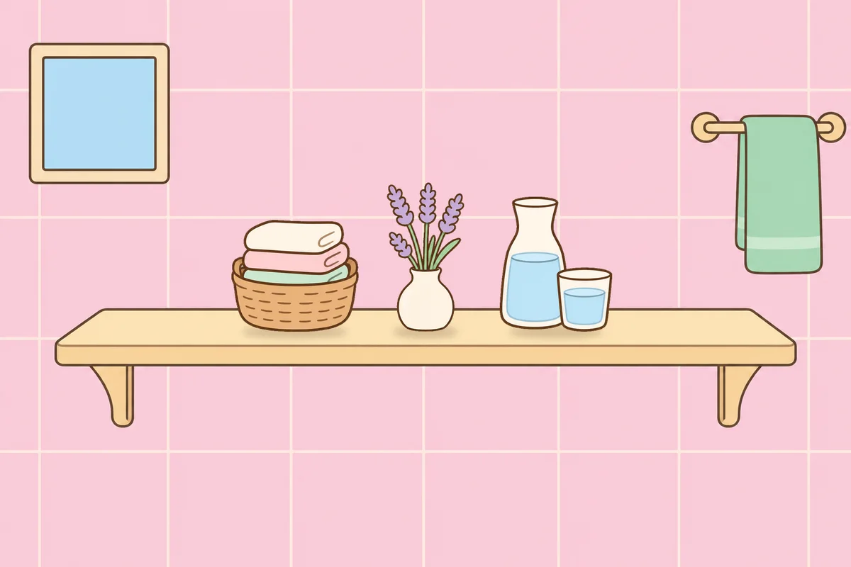 남양주 여성전용 마사지 후기 안내 그림, 파우더룸 선반 위의 수건 바구니, 라벤더 꽃병, 물병