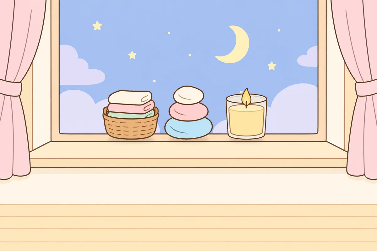 평택 여성전용 스웨디시 후기 안내 그림, 밤 창가 창턱 위의 수건 바구니, 조약돌, 향초