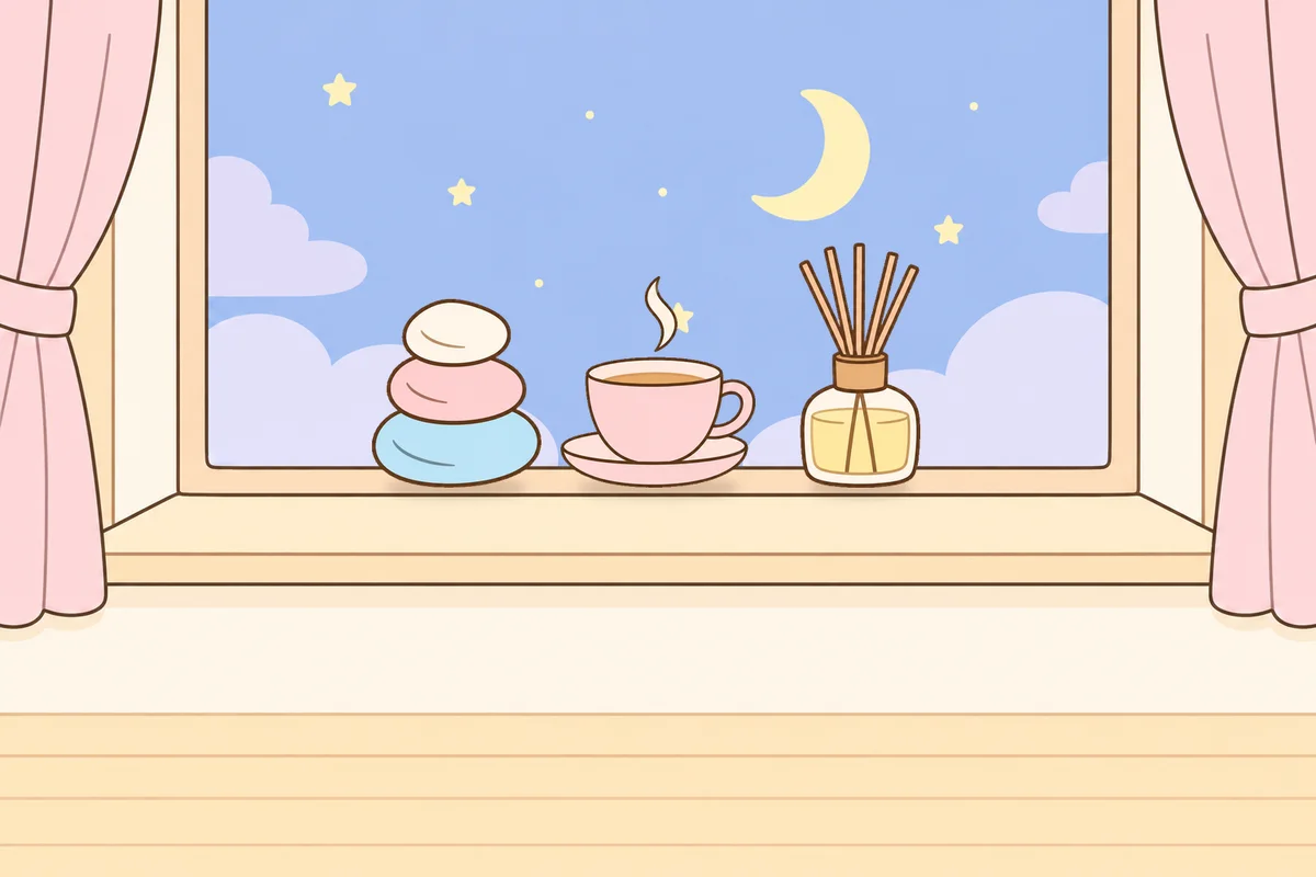평택 여성전용 경락 케어 안내 그림, 밤 창가 창턱 위의 조약돌, 찻잔, 디퓨저