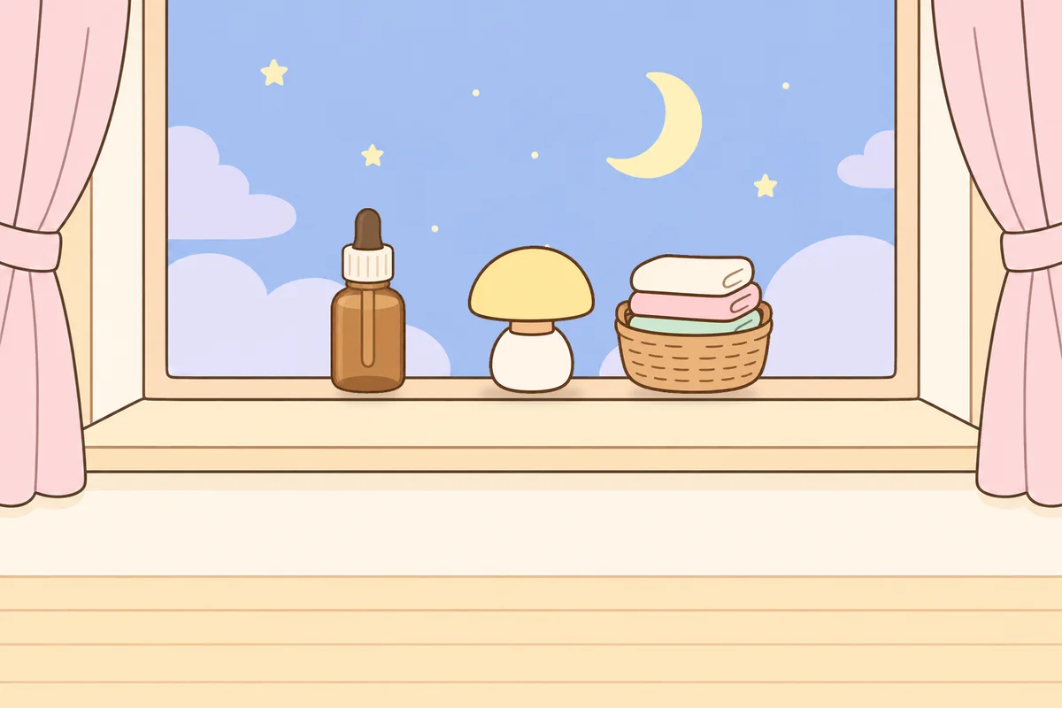 평택 여성전용 발관리 안내 그림, 밤 창가 창턱 위의 오일병, 무드등, 수건 바구니