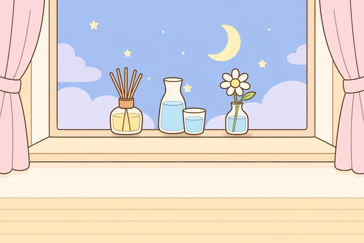 평택 여성전용 림프 마사지 안내 그림, 밤 창가 창턱 위의 디퓨저, 물병, 데이지 꽃병