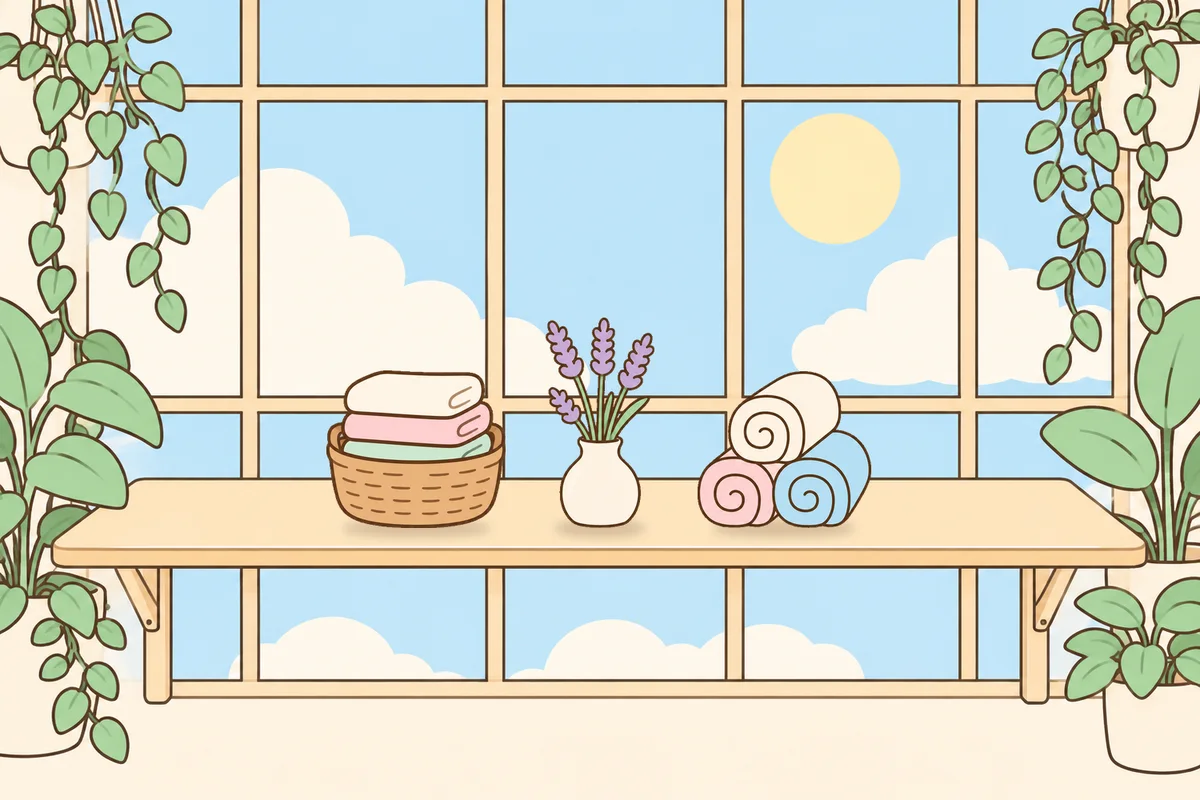 평택 여성전용 셀룰라이트 관리 안내 그림, 햇살 드는 창가 선반 위의 수건 바구니, 라벤더 꽃병, 수건