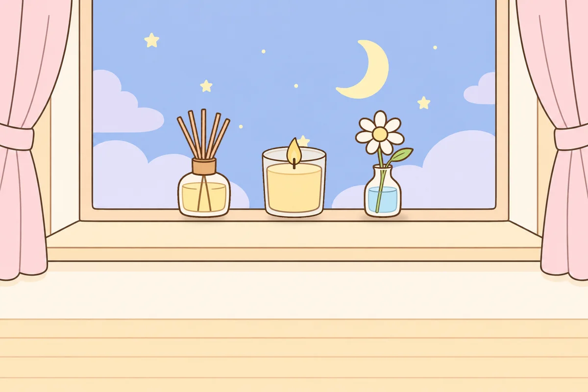 평택 여성전용 슬리밍 마사지 안내 그림, 밤 창가 창턱 위의 디퓨저, 향초, 데이지 꽃병
