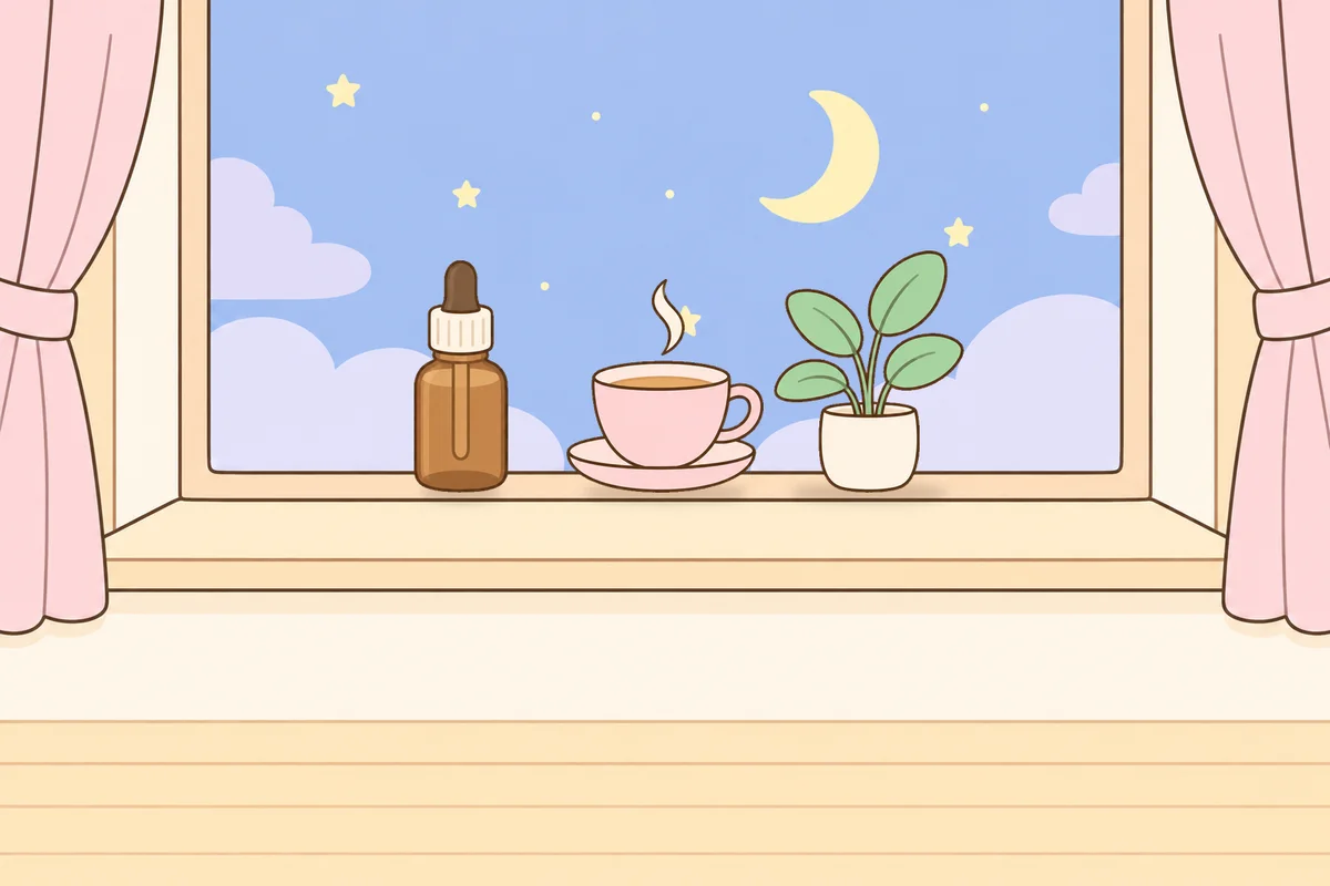 평택 여성전용 수면 케어 안내 그림, 밤 창가 창턱 위의 오일병, 찻잔, 화분