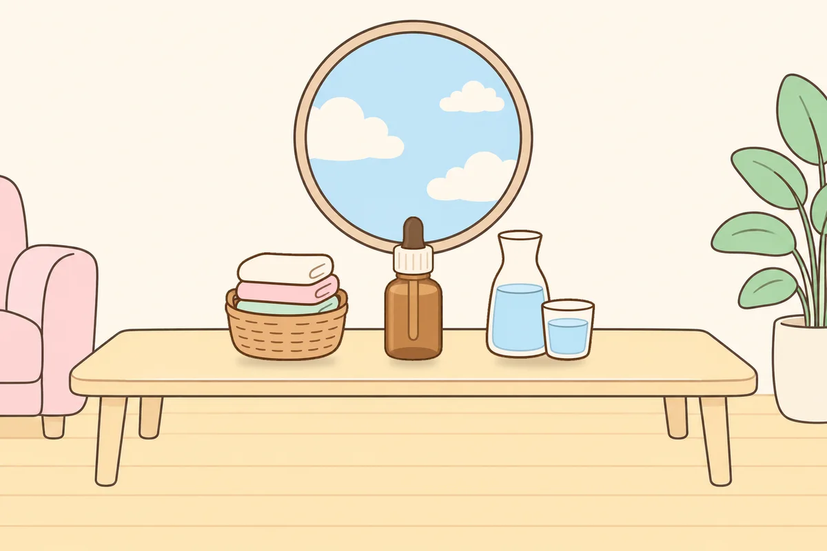 평택 여성전용 피로 회복 마사지 안내 그림, 거실 원목 테이블 위의 수건 바구니, 오일병, 물병